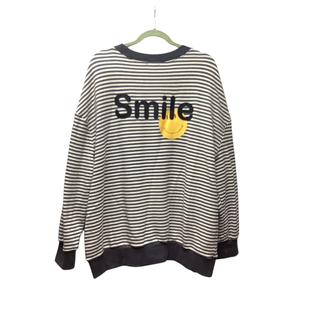 White Birch Smile emoji Crewneck Sweatshirt Charcoal Gray Stripe. Size XL